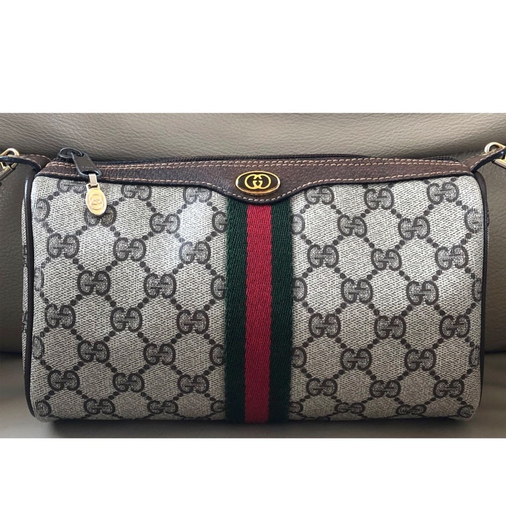 Authentic Vintage Gucci Web Ophidia Brown Monogram Canvas Leather Crossbody Bag
